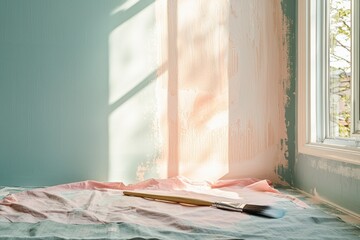 A painter's studio: Freshly painted walls with soft colors and natural sunlight streaming through a window, creating a bright and airy atmosphere for renovation project.