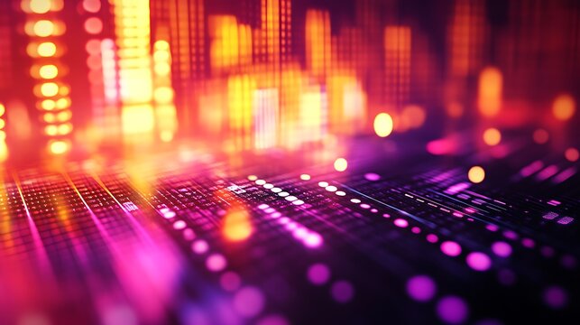 Abstract Digital Cityscape Illuminated With Vivid Lights