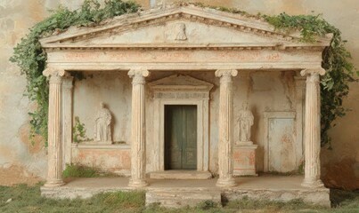 Naklejka premium Beige Stone Classical Temple Model with Green Door and Statues
