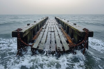 Dilapidated wooden pier with rusty chains, battered by waves under overcast skies evokes somber beauty and the relentless power of the ocean, creating a serene scene.