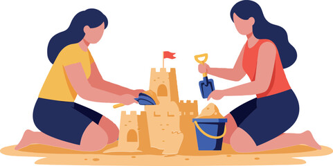 Fototapeta premium Two children happily building a sandcastle on the beach in a colorful, flat design vector illustration