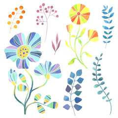 Ornamental flowers and leaves. Watercolor illustration, poster.
