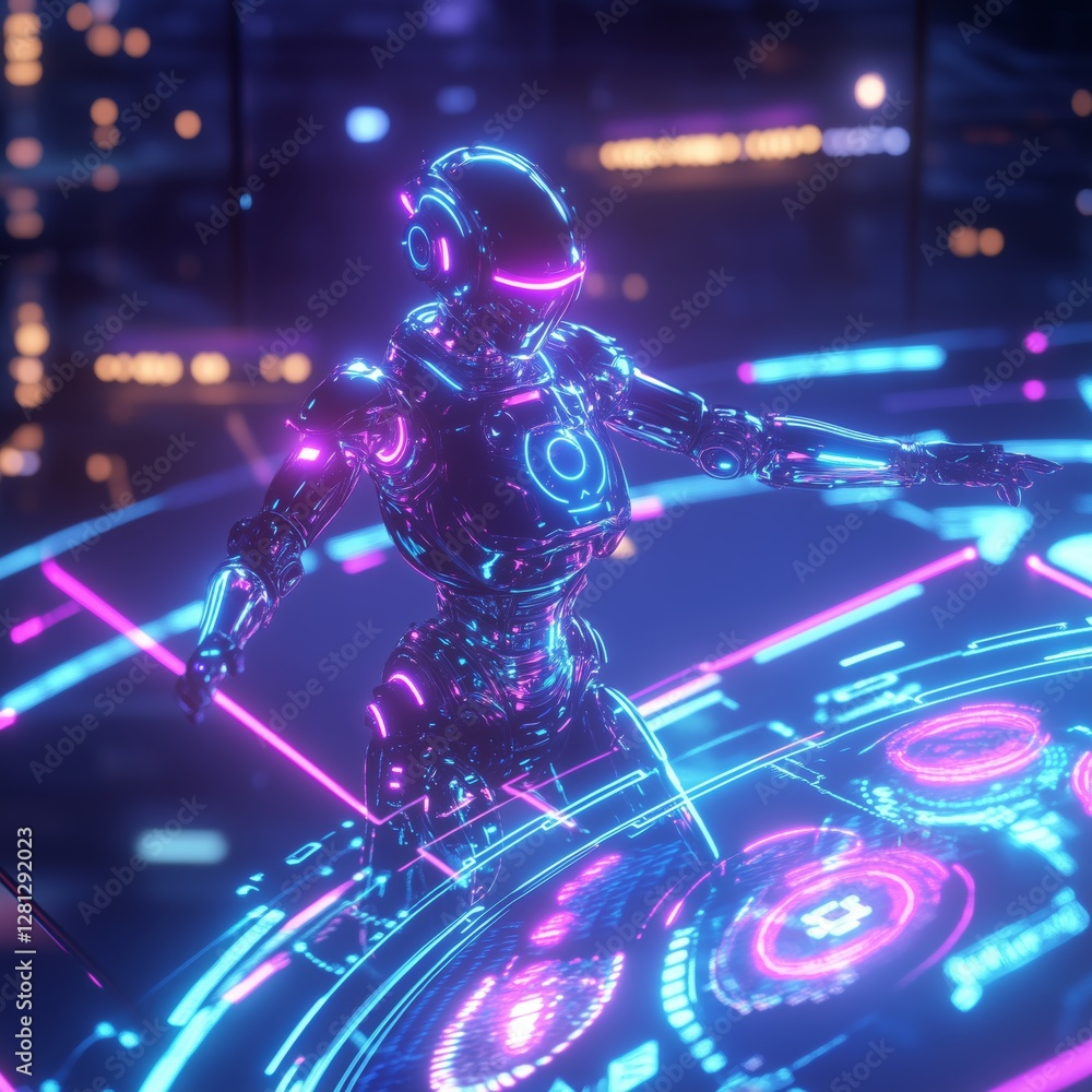 Poster futuristic robot with glowing holographic inter...