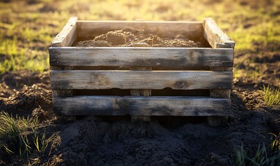 Wooden crate filled with soil in a garden bed at sunset.