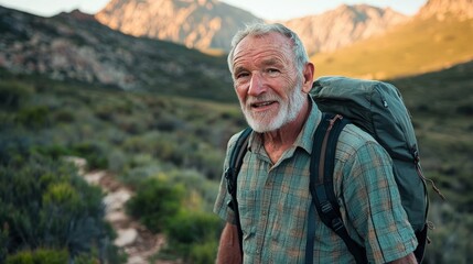 Senior man with a backpack hiking a mountain trail, symbolizing active aging and outdoor adventure. Good for themes of travel, healthy living, and personal fulfillment.