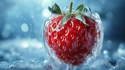 A strawberry encased in a block of ice, its red color contrasting with the frosty white edges