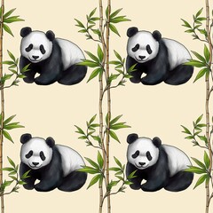 Seamless Bamboo Pattern Sticks and Cute Panda Small Design on Pastel Yellow Background