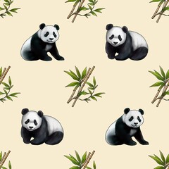 Seamless Pattern with Two Poses Pandas and Bamboo on Pastel Yellow Background