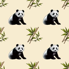 Seamless Pattern with Cute Pandas and Bamboo Small Design on Pastel Yellow Background
