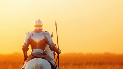 chivalrous knight in shining silver armor gripping reins of his majestic warhorse stands proudly in vast open field