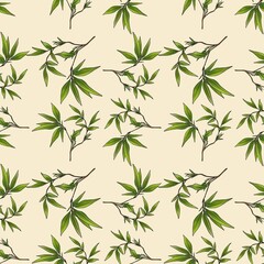 Seamless Pattern Leaves Bamboo Small Design on Pastel Yellow Background