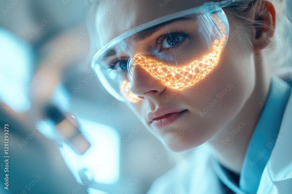 Aufkleber close-up of scientist using holographic gene sequencing interface showing glowing genetic structures