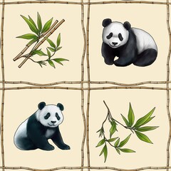 Seamless Pattern Grid with Bamboo and Panda on Pastel Yellow Background