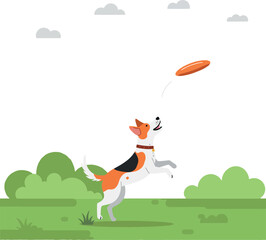 Fototapeta premium A playful dog leaping joyfully to catch a flying frisbee in a vibrant green park, featuring flat design vector art