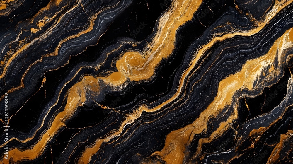Aufkleber Exquisite and captivating geological marbling pattern with intricately swirling lines and waves of metallic gold copper and dark tones  This abstract and textured surface design has a luxurious