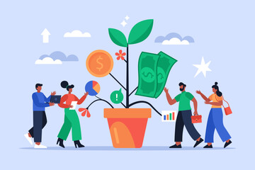 Financial and investment growth business concept. Modern vector illustration of people  increasing profits and successful money management