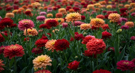 Colorful Zinnia Flowers Blooming in Field with Various Shades