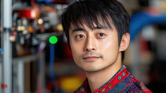 Portrait of a young person of Asian descent with dark hair, wearing a red patterned shirt, against a blurred background of technological equipment