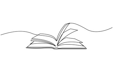 One line drawing of opened book isolated on white background, Education, idea, school concept single line. Editable outline continuous one line drawing.