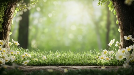 Springtime Forest Scene with White Daisies and Sunlight