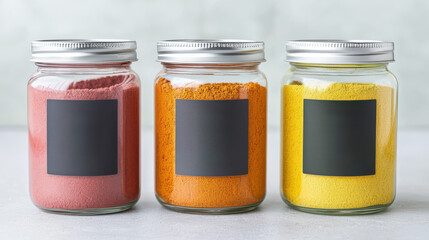 A clean and modern design of protein supplement powders in jars vibrant powders, enhancing kitchen aesthetics and culinary creativity.