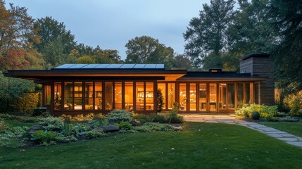 Fototapeta premium Modern House With Large Windows Showcasing Warm Interior Lighting During Early Evening in a Lush Garden Setting