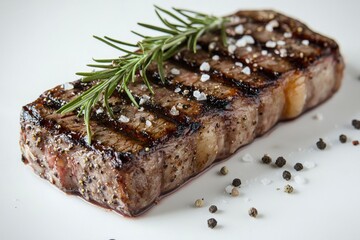 A perfectly seared steak with grill marks, rosemary, salt and pepper, highlighting the texture and rich flavor suitable for gourmet dining experiences.