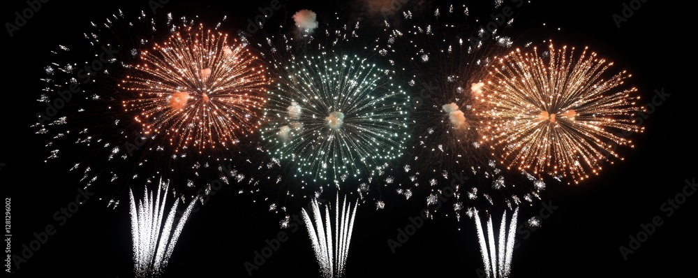 Poster a vibrant display of fireworks in various colors lighting up the night sky, creating a festive and c