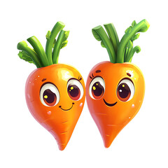 Two adorable cartoon carrots with bright green stems and happy smiling faces are isolated on a transparent background.
