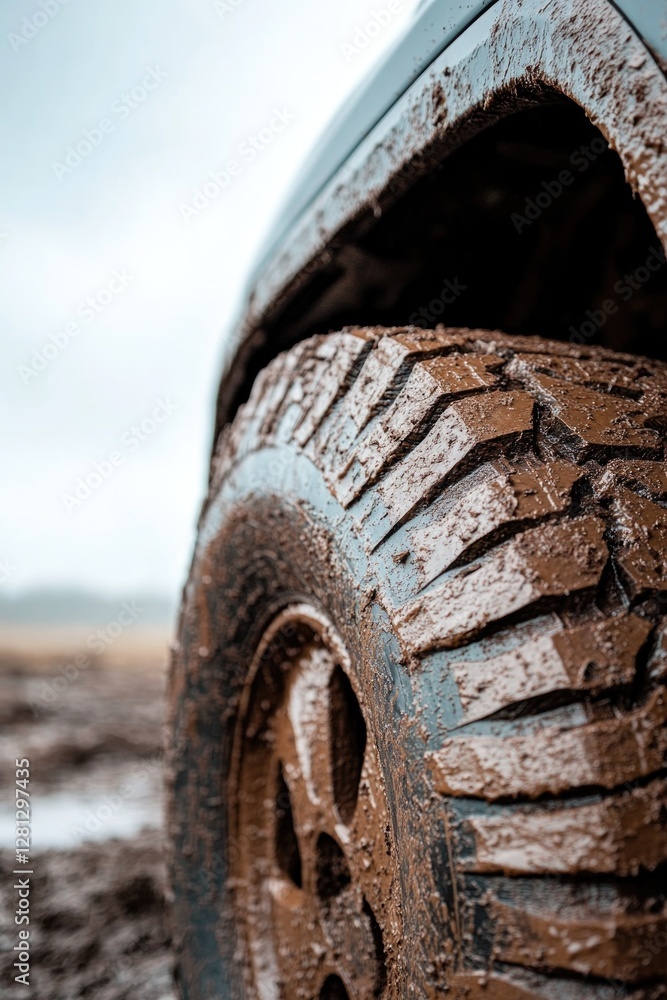 Poster close-up shot of tire treads covered in mud emphasizing texture and functionality of off-road tires 