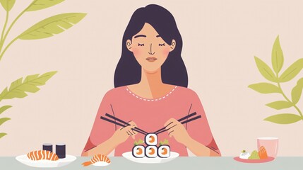 Smiling Woman at a Sushi Bar Eating Rolls Vector