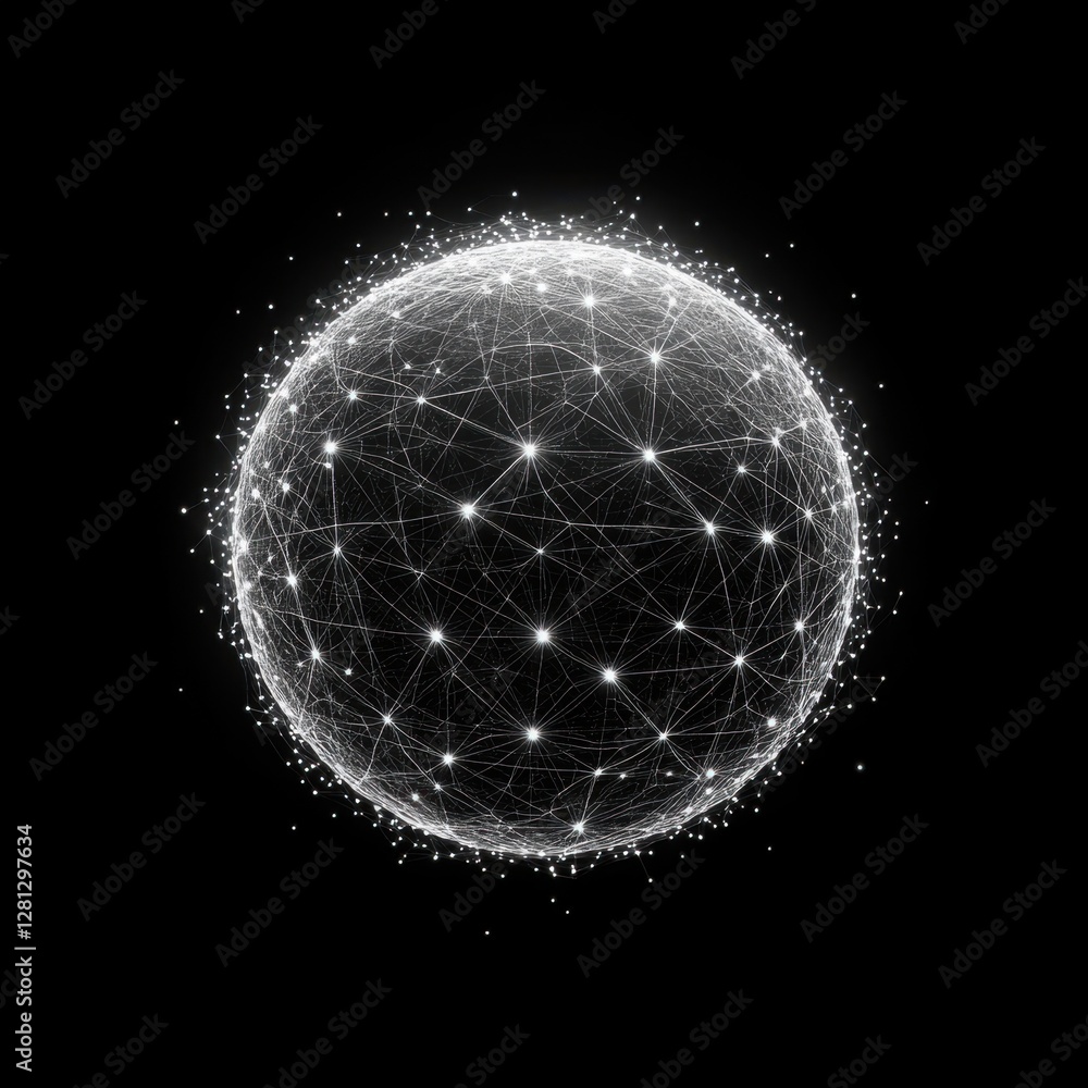 Poster abstract network sphere with glowing nodes and connections on a black background representing global
