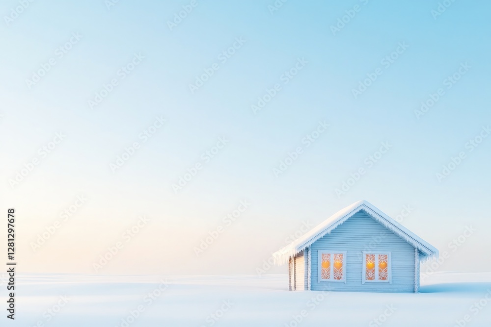 Poster cozy cabin with frost-covered sits in snowy field under golden light creating tranquil and inviting 