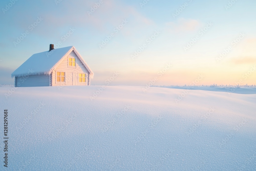 Poster cozy cabin with frost-covered sits in snowy field under golden light creating tranquil and inviting 