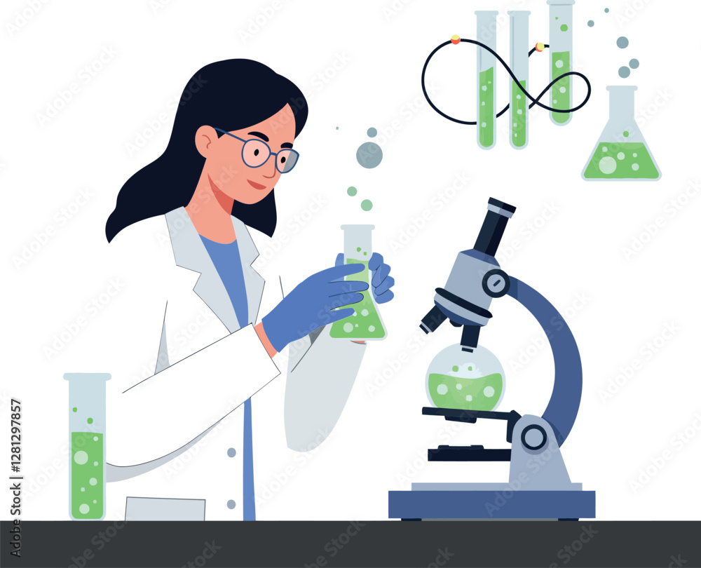 Poster a scientist in a lab coat conducting experiments with green liquids in glass beakers and using a mic