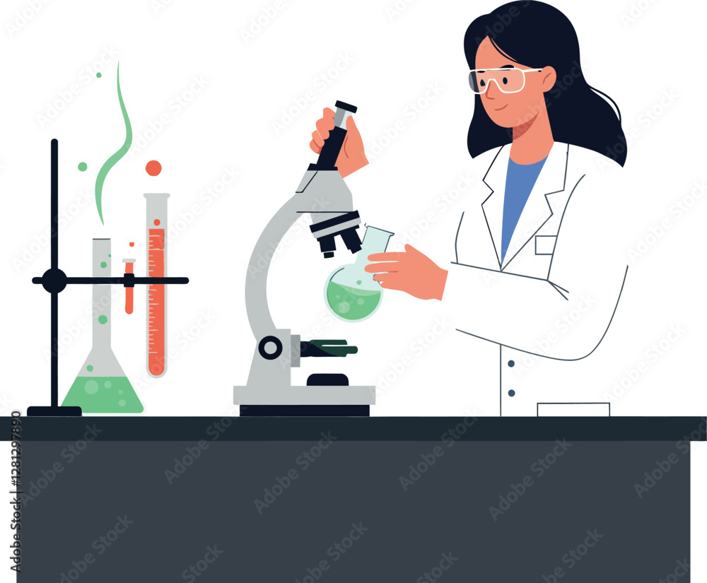 Aufkleber female scientist in a laboratory conducting experiments with a microscope and green liquids in test 