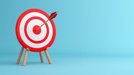 Red and white target with arrow in bullseye, light blue background, low poly style, simple, clean, 3D render