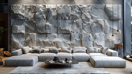 Fototapeta premium A modern living room featuring a textured stone wall and an elegantly designed sofa set