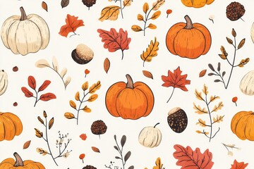 Autumnal pumpkin and leaf seamless pattern on white background