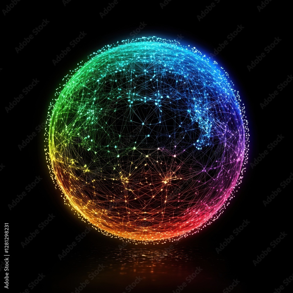 Poster luminous sphere of interconnected network lines against black backdrop creating a vibrant digital wo
