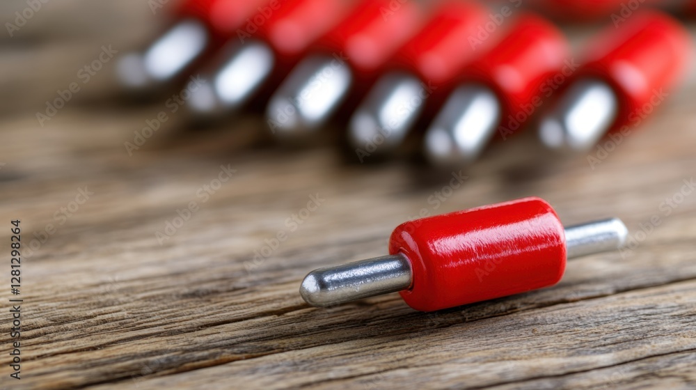 Poster close up view of red cylindrical objects with silver metallic tips arranged on a rustic brown wooden