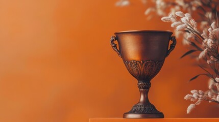 Ornate Bronze Trophy Against Orange Background