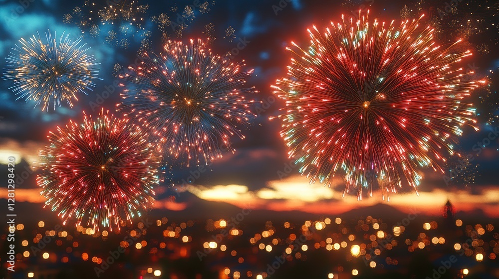 Poster a vibrant display of colorful fireworks against a twilight sky, illuminating a cityscape below, crea