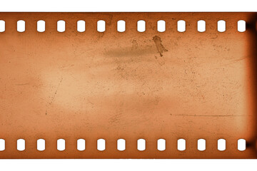 Dusty and grungy 35mm film texture or surface. Perforated scratched camera film isolated on white...