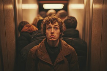 A close up shot of a young man looking anxious in a crowded elevator, feeling stressed and uncomfortable, highlighting the tension and claustrophobia of the situation.