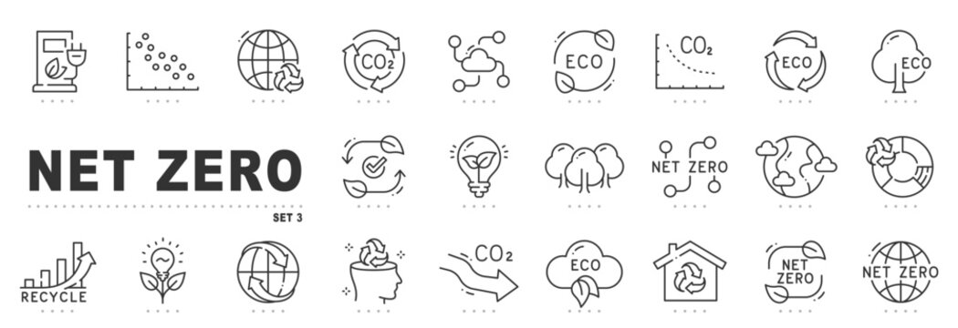 Set of net zero related line icons. Eco, emission, co2 etc. Editable stroke. Set 3