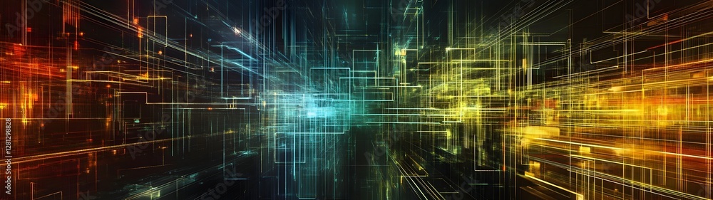 Poster Futuristic digital technology abstract background with illuminated fractal art patterns dynamic lines and glowing neon colors  Conceptual visualization of data network and intelligence