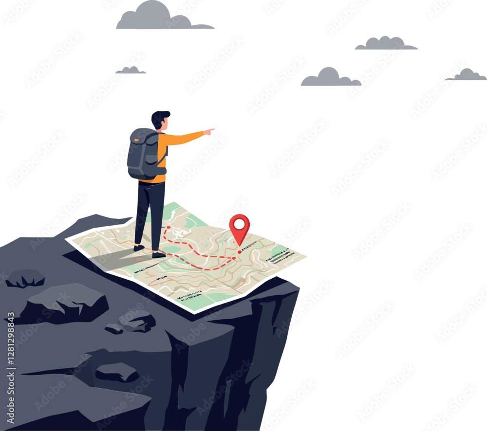Poster adventurer standing atop a cliff pointing towards the horizon while examining a large map in a flat 