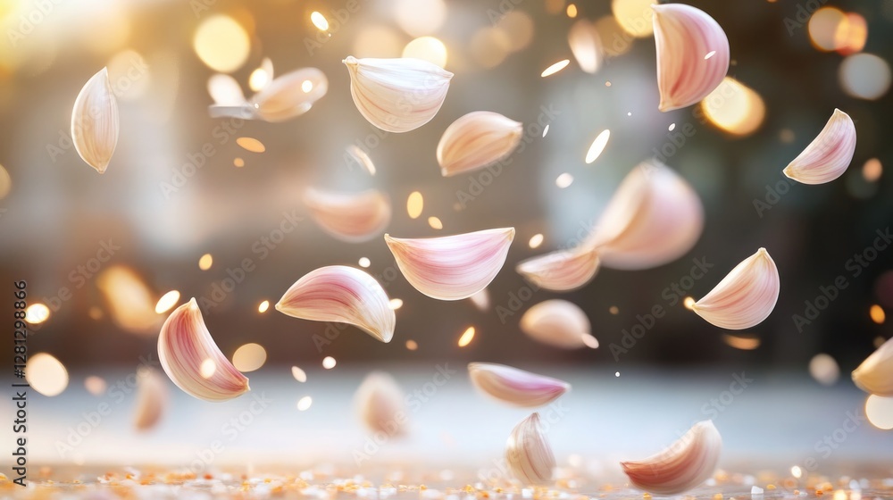 Poster dynamic rendering of floating garlic cloves surrounded by swirling light trails set against blurred 