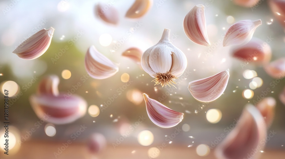 Poster dynamic rendering of floating garlic cloves surrounded by swirling light trails set against blurred 